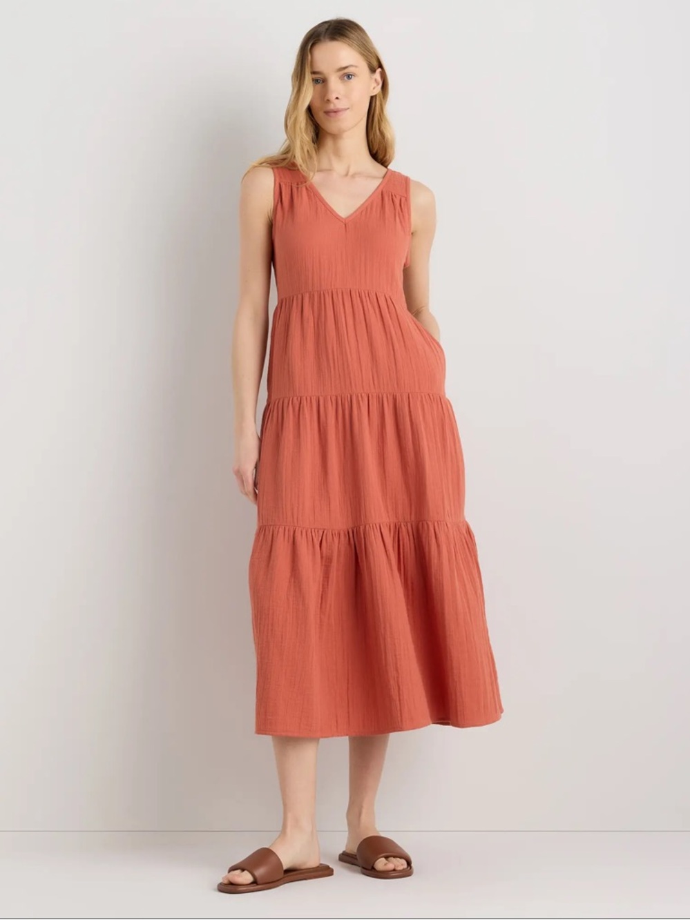 Quince NWT Sliced Orange Organic Gauze Cotton Tiered V‑Neck Maxi Dress